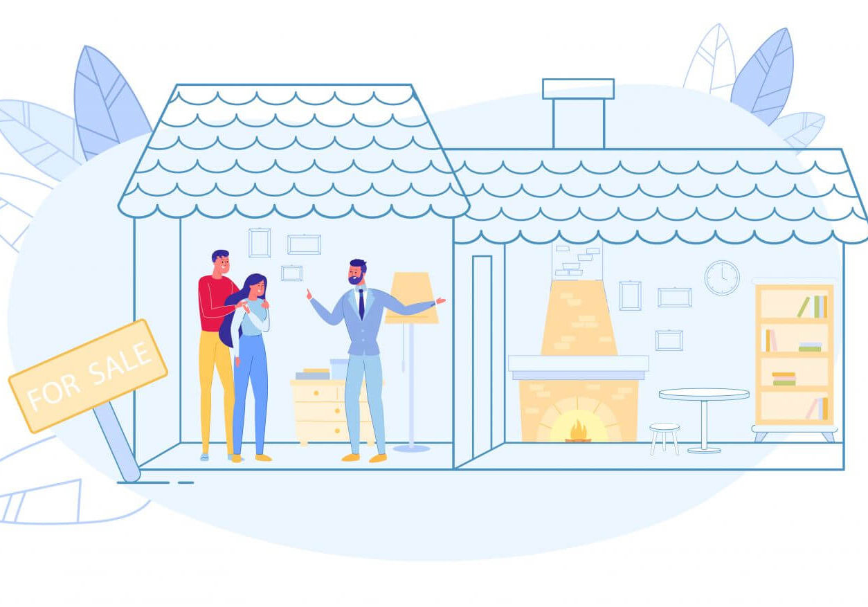 Realtor Showing Cozy Interior of House with Fireplace and Furniture in Room to New Ownership. Woman and Man Family Together View Real Estate. Agent with Buyer. Modern Flat Vector Illustration